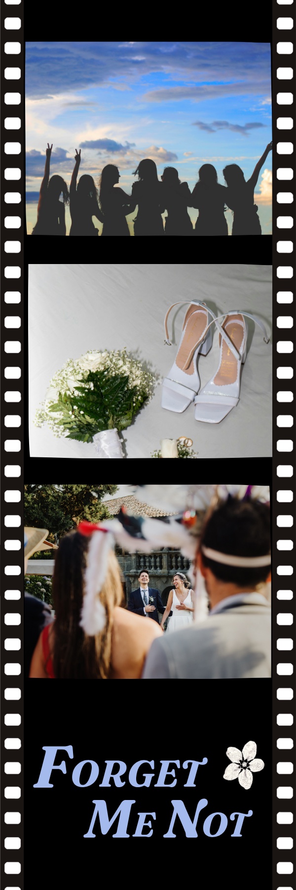 A Forget Me Not photo strip: three wedding photographs on film stock,
                  with the Forget Me Not mark at the foot.